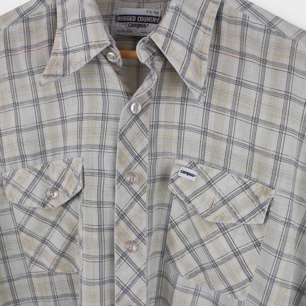 Vintage 70s Plaid Western Shirt USA Made Button Up Cowboy Mens L 16 16.5 - Picture 3 of 5